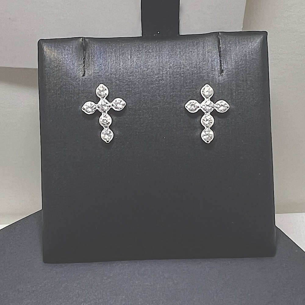 Platinum Cross CZ Earring Studs - Picture 1 of 4